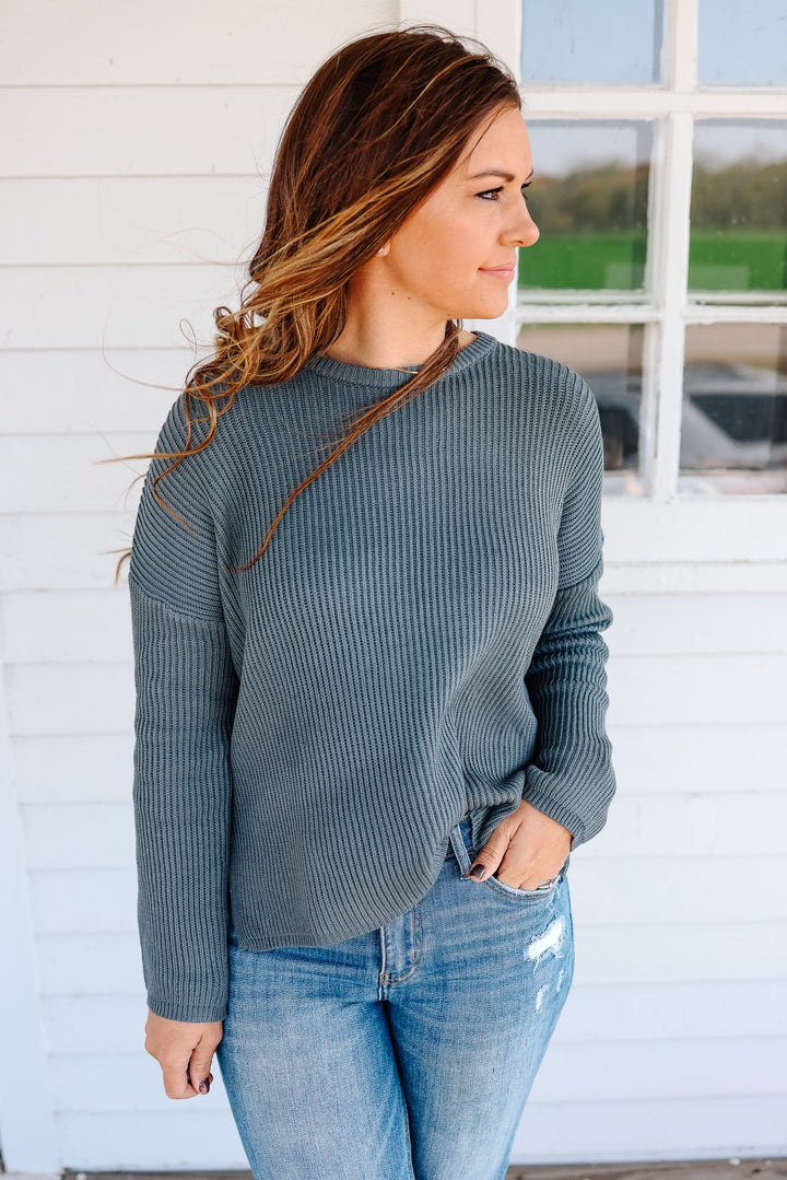 Ivy Ribbed Drop Shoulder Sweater - Slate