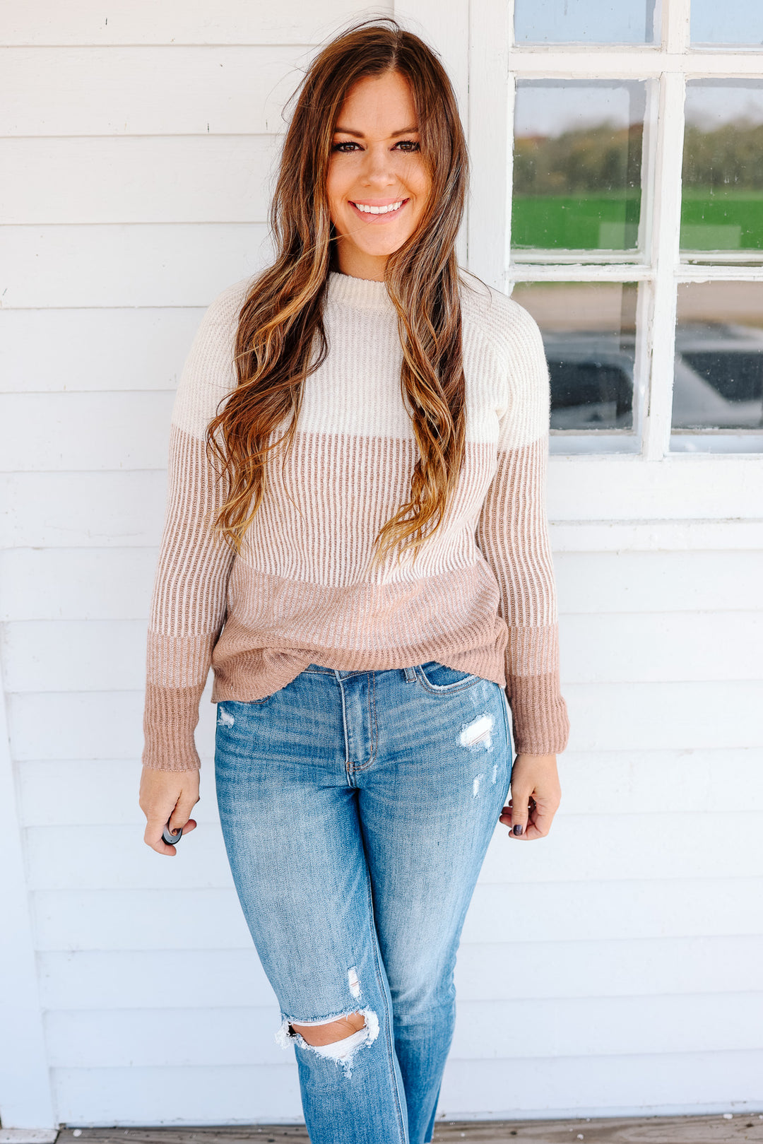 Willa Ribbed Colorblock Sweater - Taupe