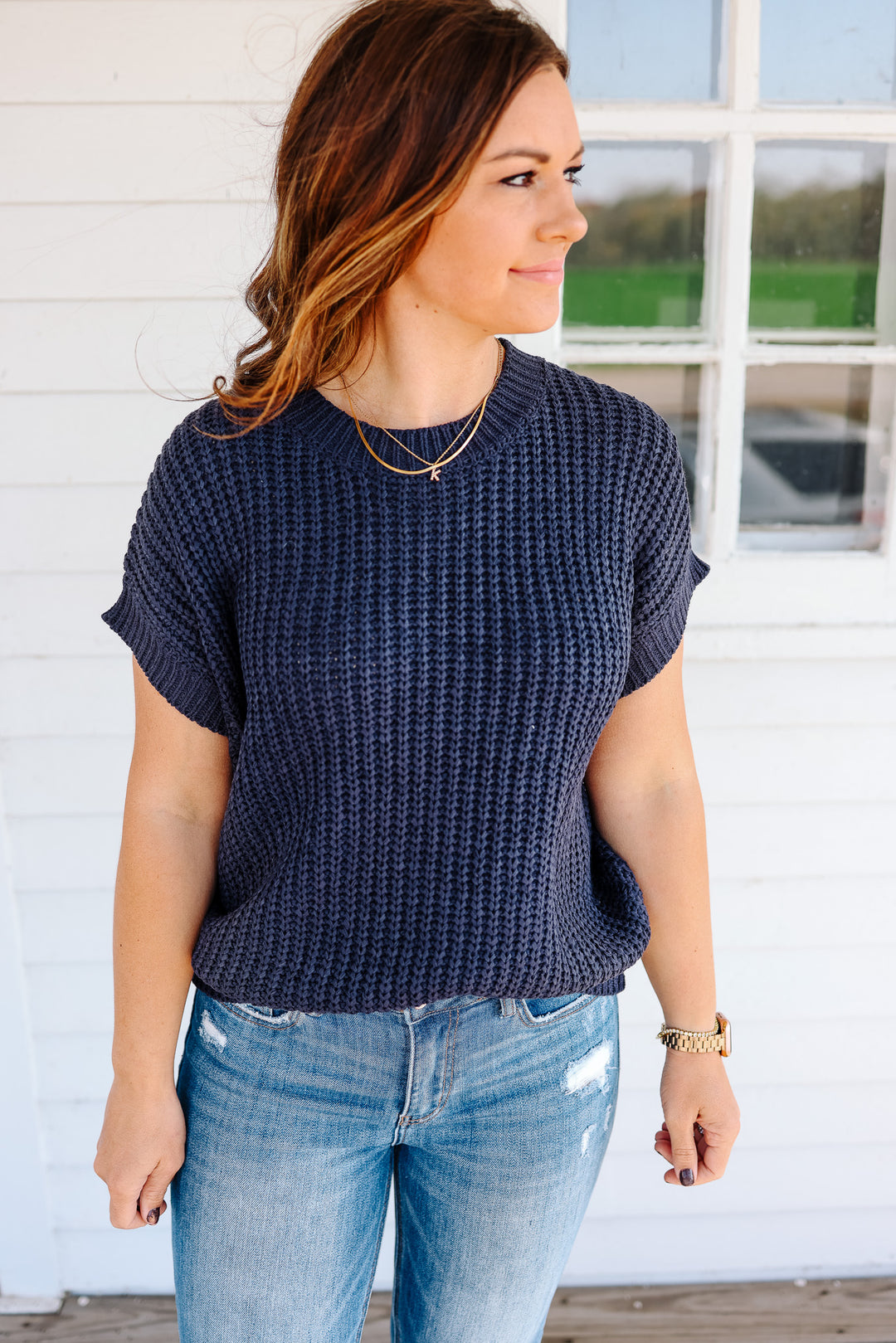 Raelynn Short Sleeve Sweater Top - Navy