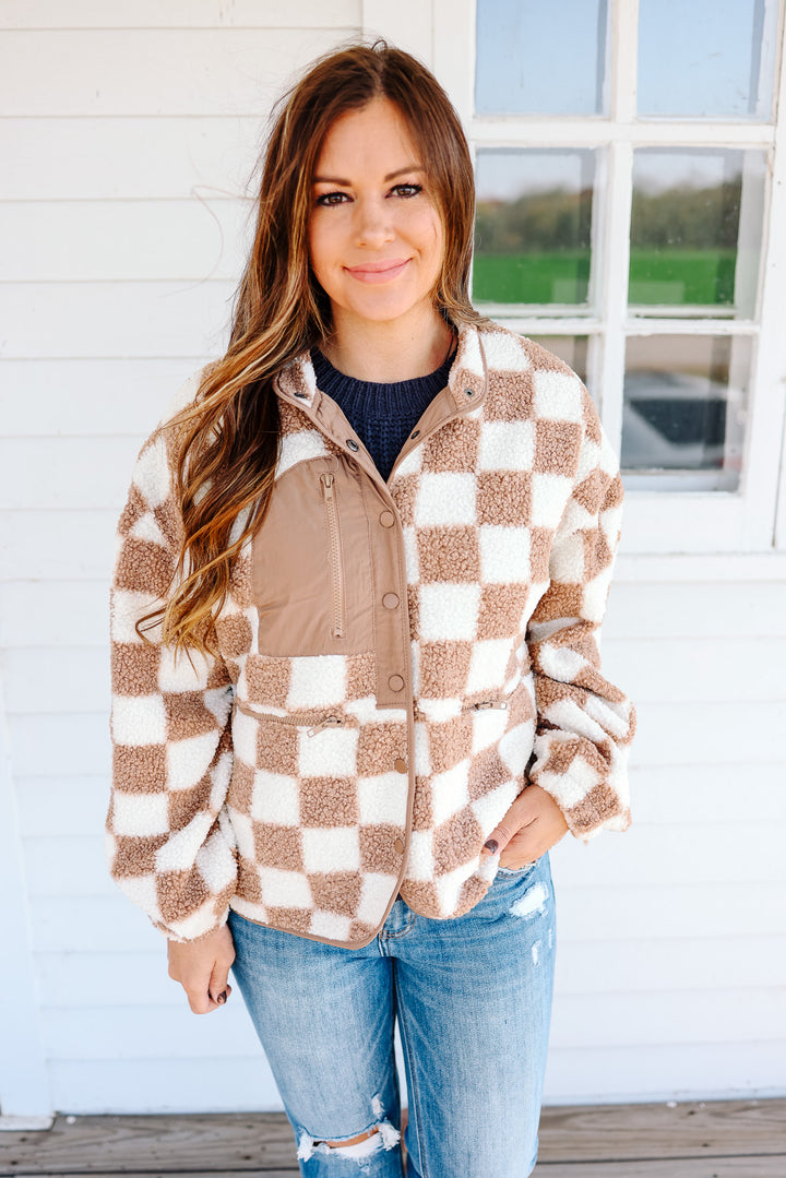 Ace Checkered Fleece Jacket - Taupe