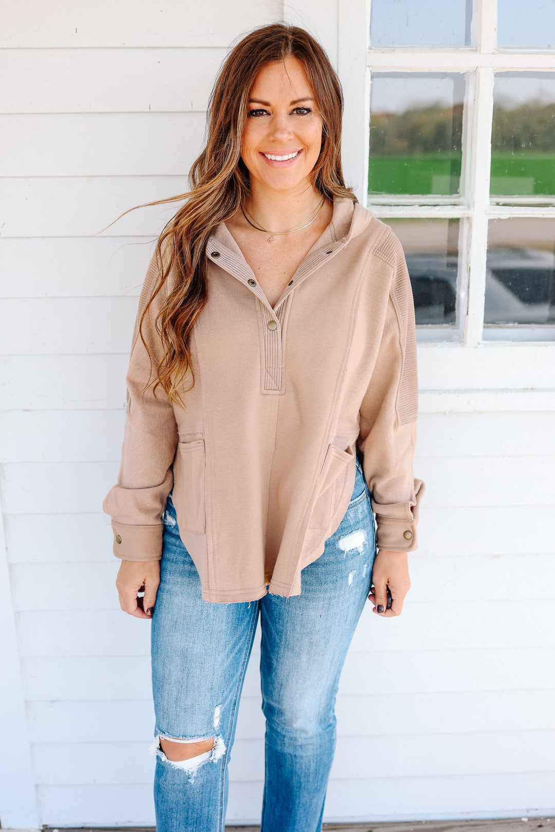 Alex Snap Half Button Hoodie - Taupe