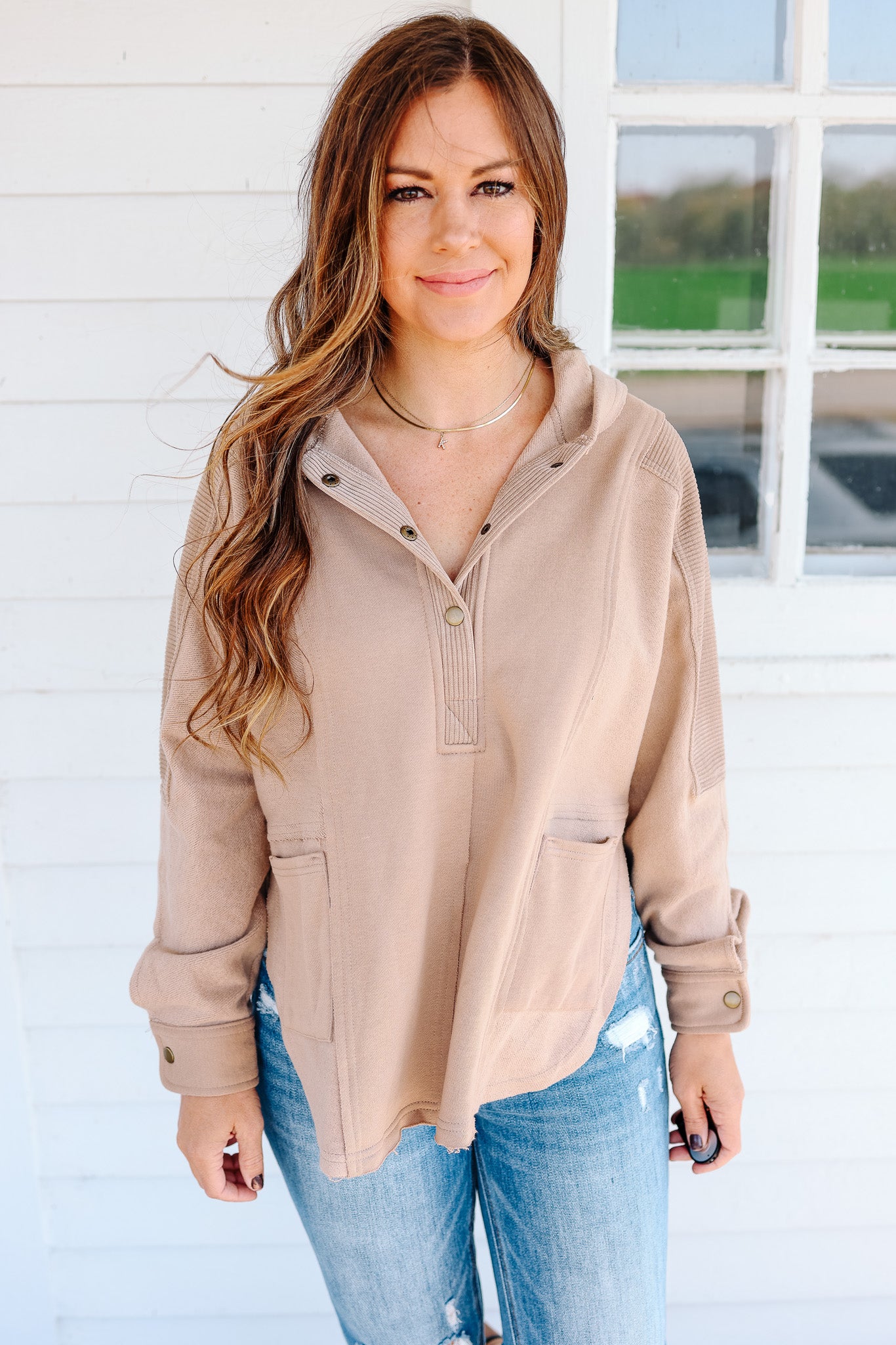 Alex Snap Half Button Hoodie Taupe