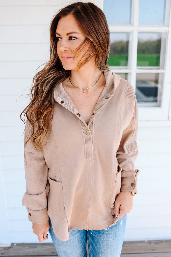 Alex Snap Half Button Hoodie - Taupe