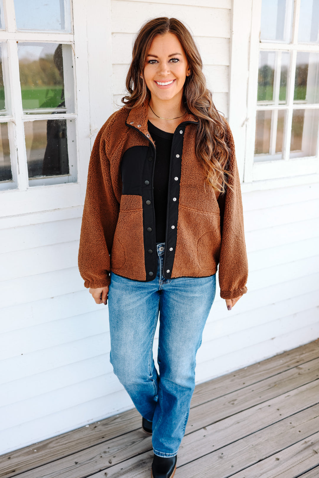 Maci Snap Button Fleece Jacket - Brown