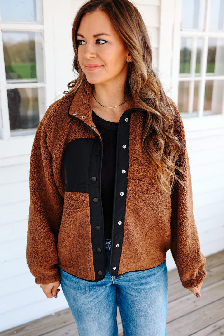 Maci Snap Button Fleece Jacket - Brown