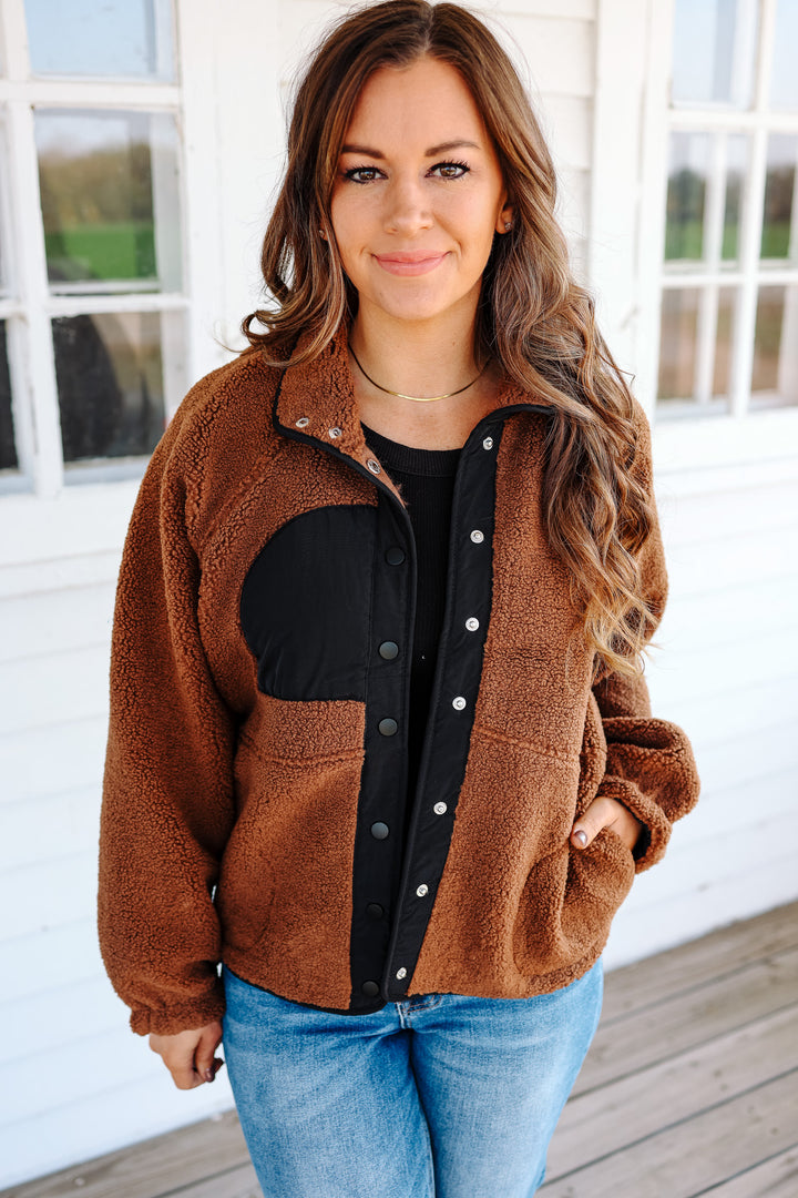 Maci Snap Button Fleece Jacket - Brown