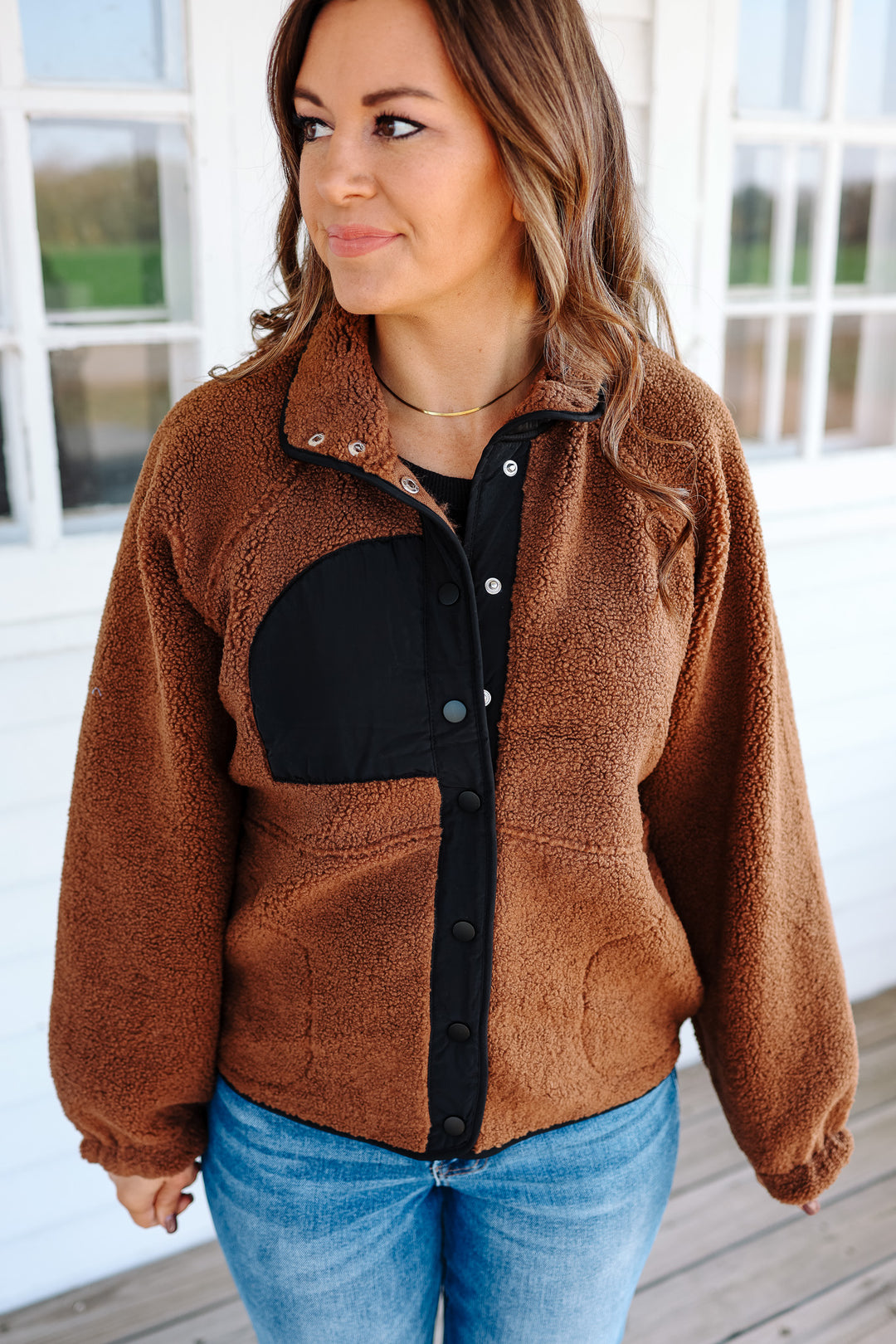 Maci Snap Button Fleece Jacket - Brown