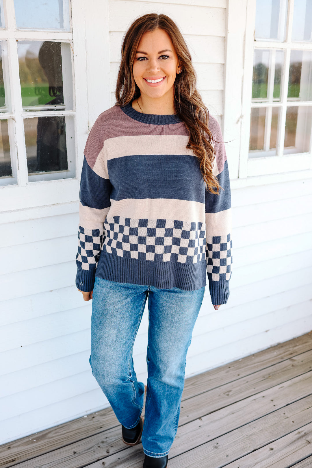 Nina Check and Stripe Mixed Sweater