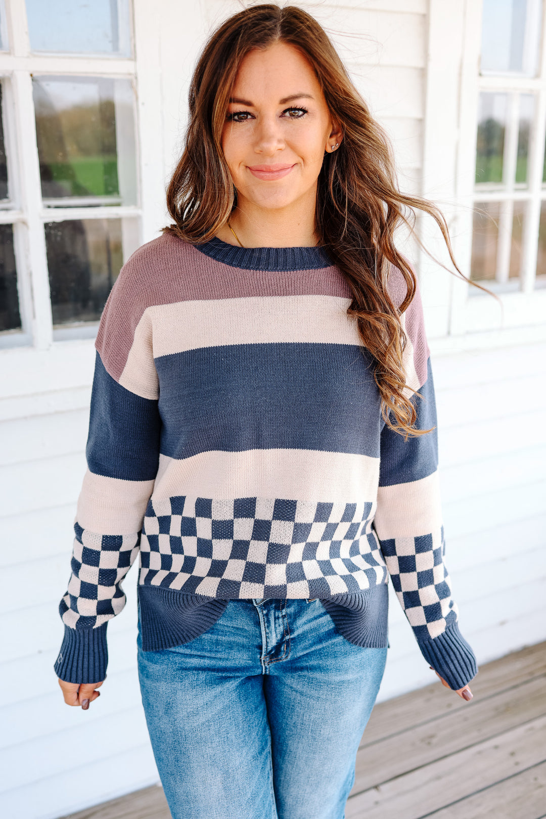 Nina Check and Stripe Mixed Sweater