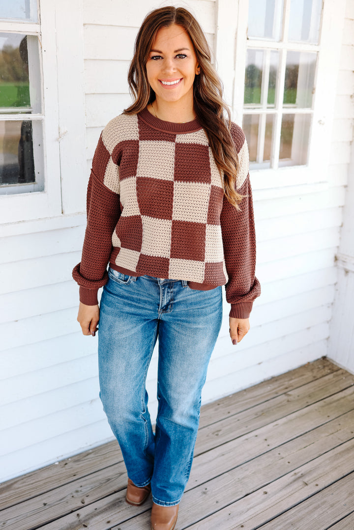 Hadley Checkered Crochet Knit Sweater