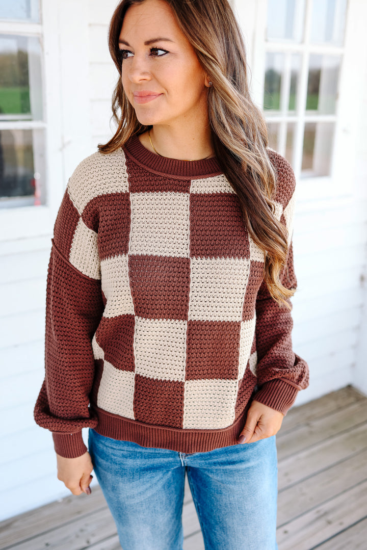 Hadley Checkered Crochet Knit Sweater