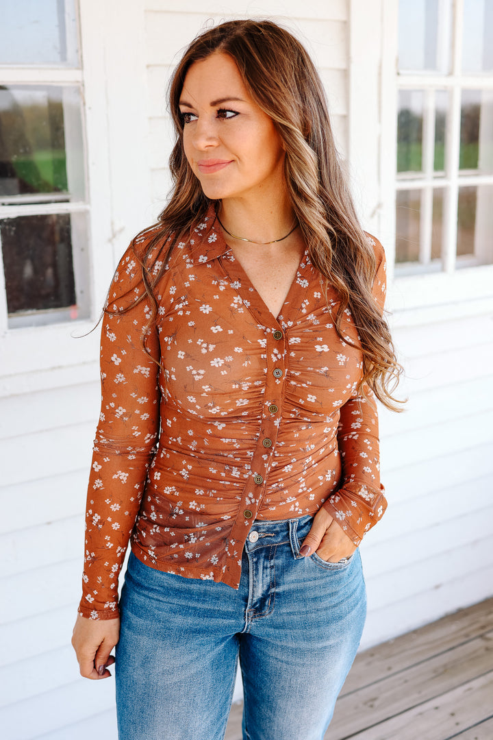 Carman Floral Mesh Button Down - Caramel