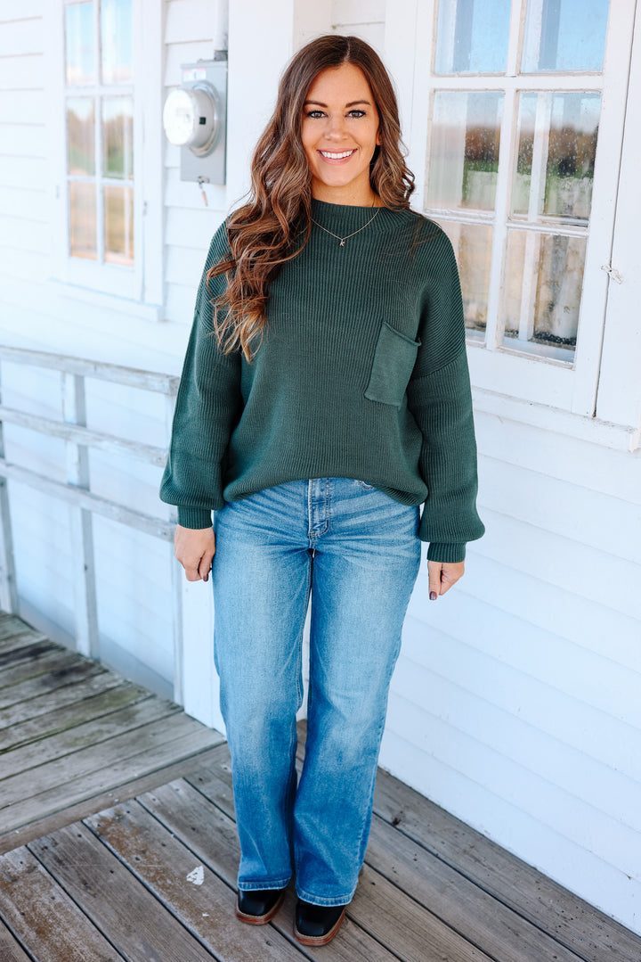 Myla Funnel Neck Ribbed Sweater - Moss Green