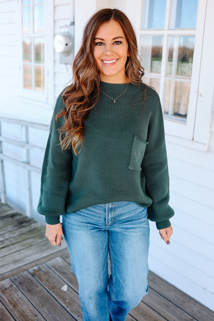 Myla Funnel Neck Ribbed Sweater - Moss Green