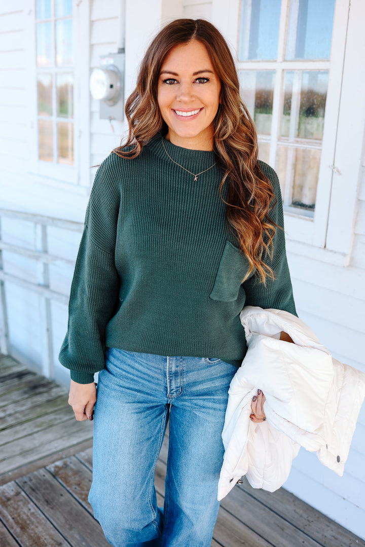 Myla Funnel Neck Ribbed Sweater - Moss Green