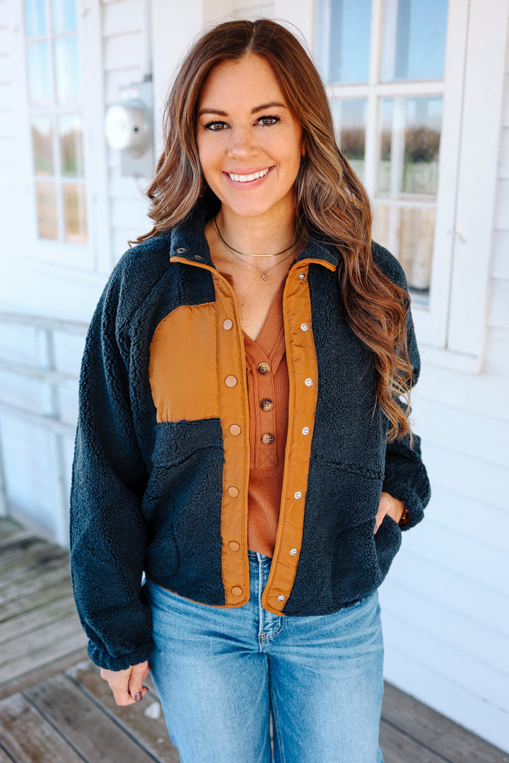 Maci Snap Button Fleece Jacket - Dusty Teal