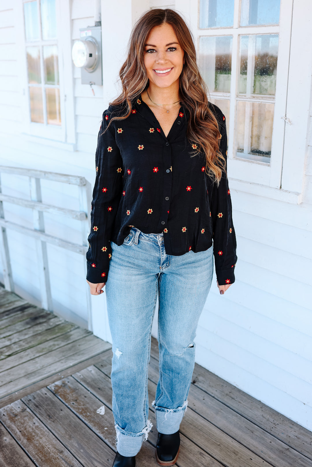 Lucy Floral Embroidered Top - Black