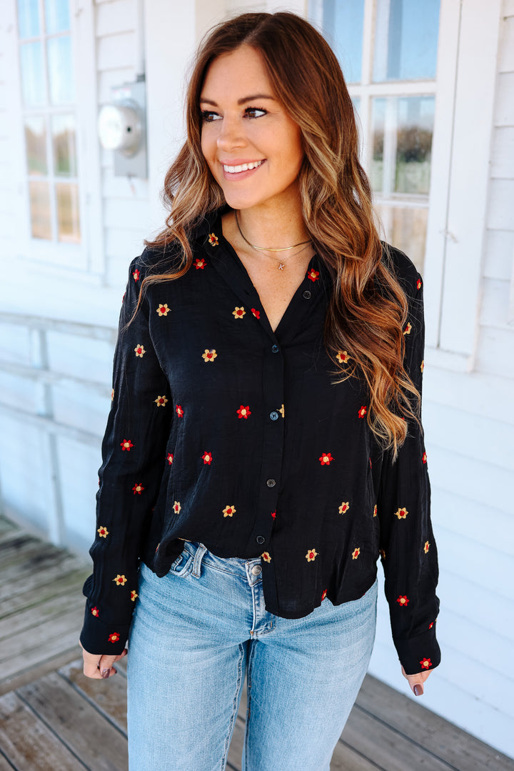 Lucy Floral Embroidered Top - Black