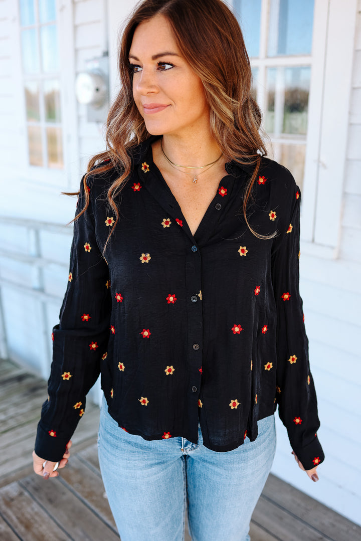 Lucy Floral Embroidered Top - Black