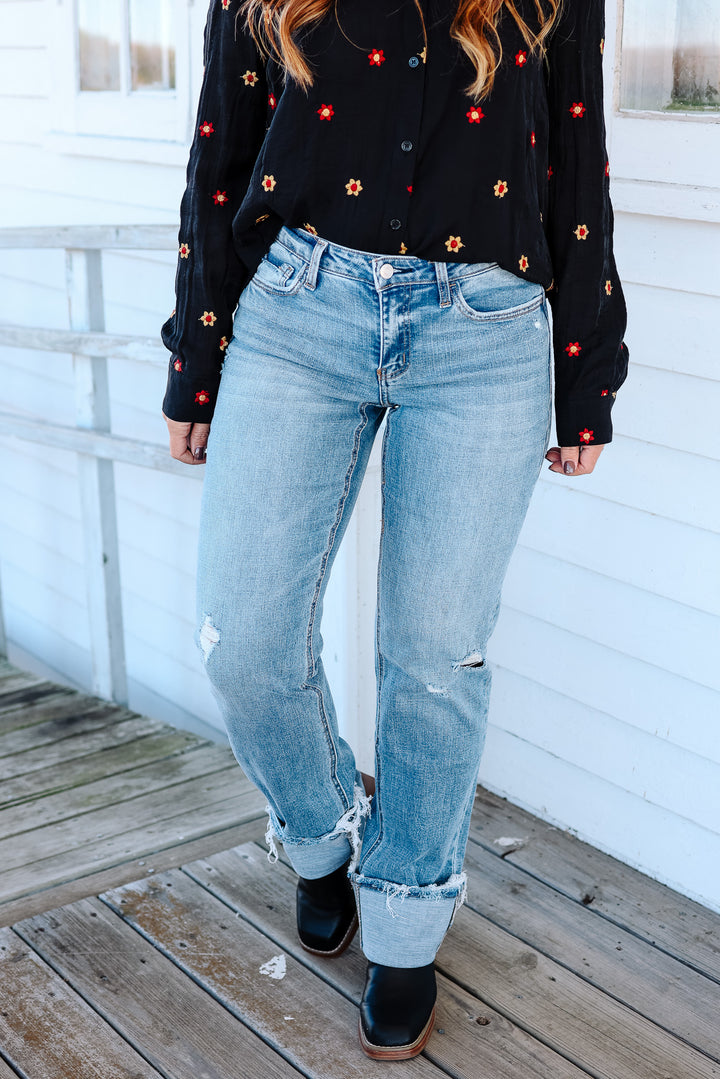 LOVERVET: Charlene Mid Rise Cuffed Straight Jeans