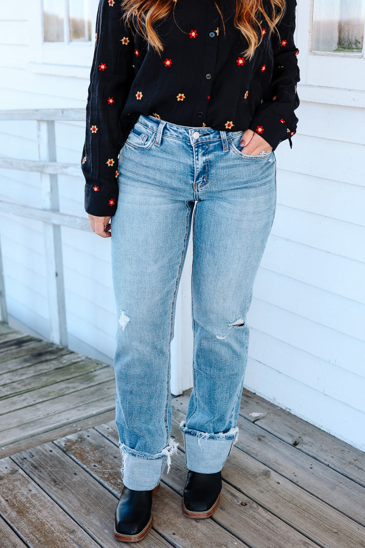 LOVERVET: Charlene Mid Rise Cuffed Straight Jeans