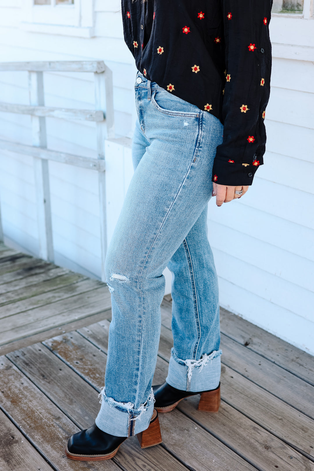 LOVERVET: Charlene Mid Rise Cuffed Straight Jeans