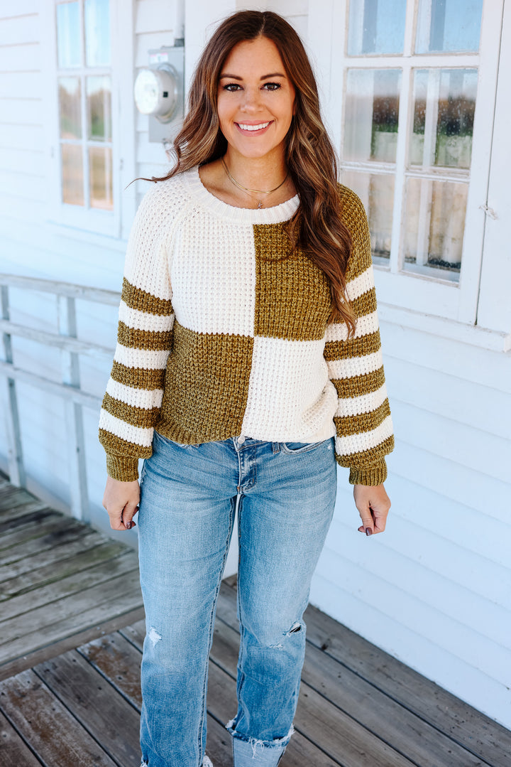 Kira Checkered Stripe Sweater - Mustard