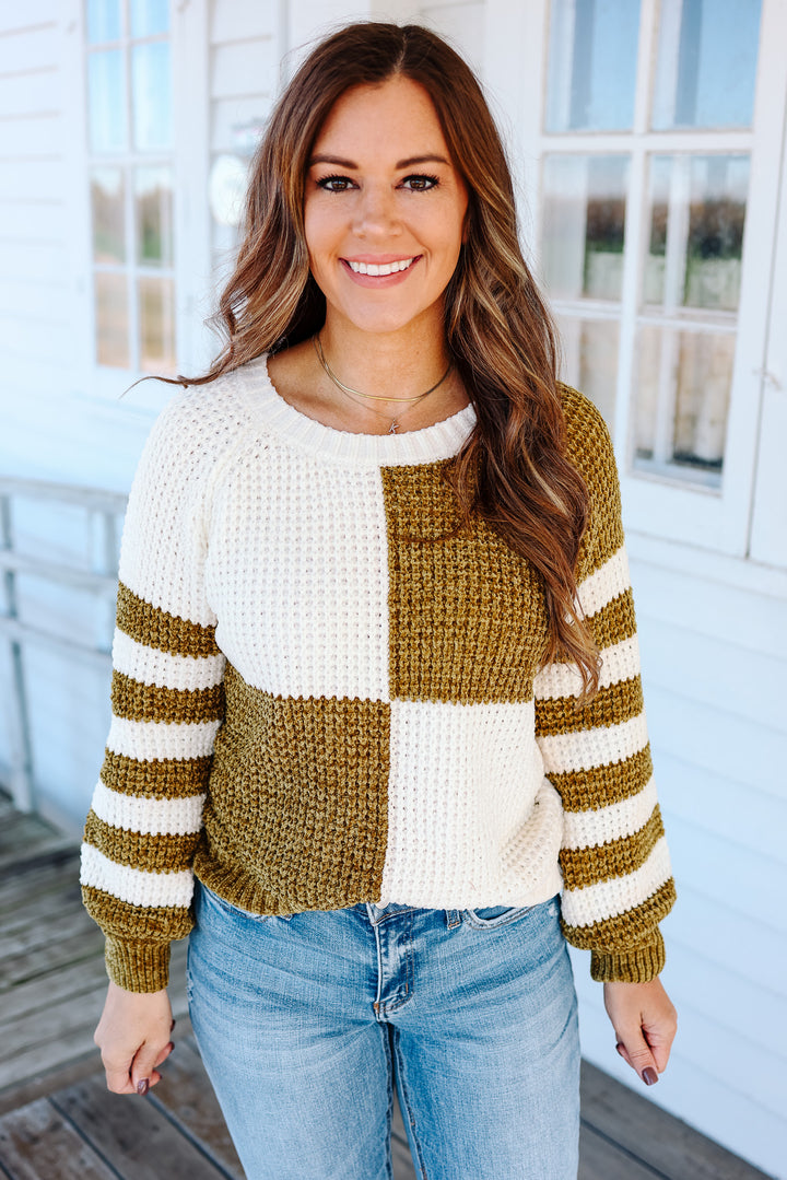 Kira Checkered Stripe Sweater - Mustard