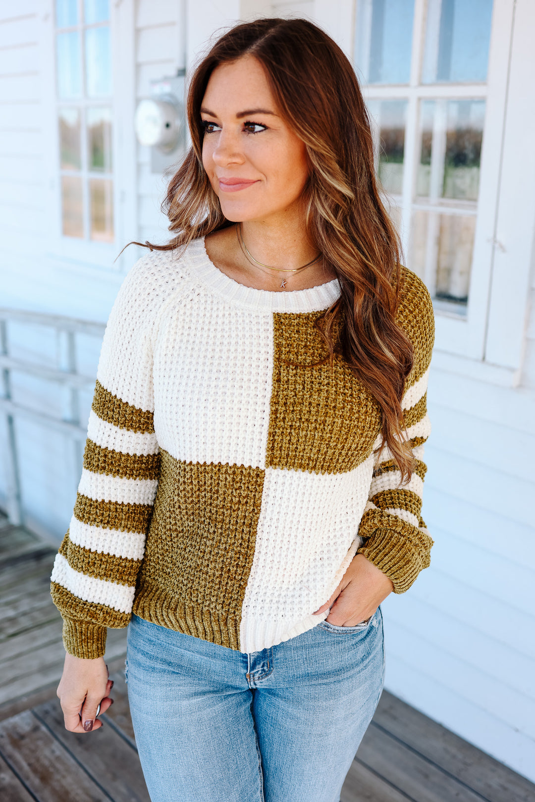 Kira Checkered Stripe Sweater - Mustard