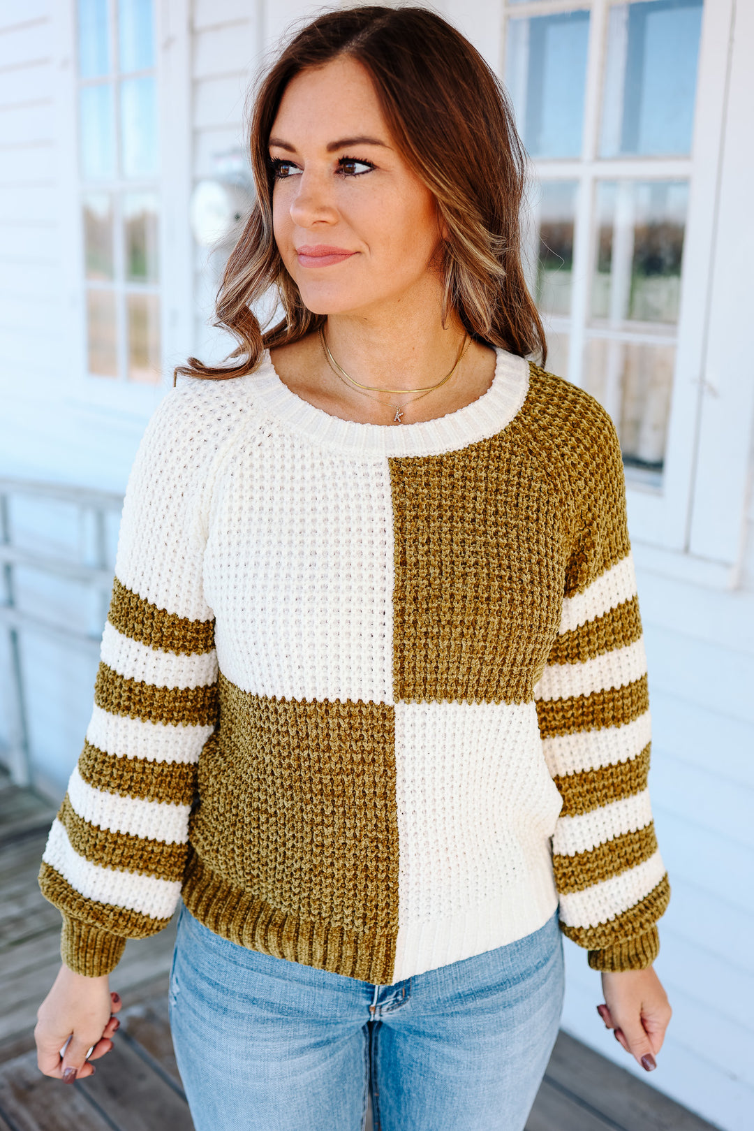 Kira Checkered Stripe Sweater - Mustard