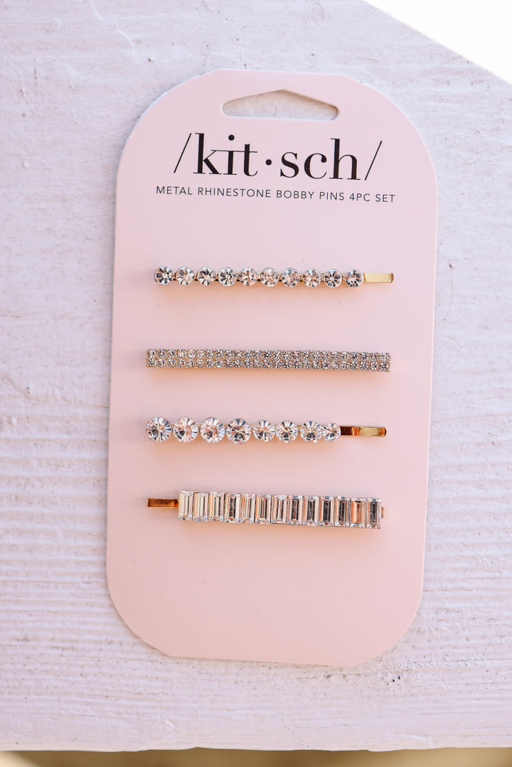 Metal Rhinestone Assorted Bobby Pins 4pc Set - Gold