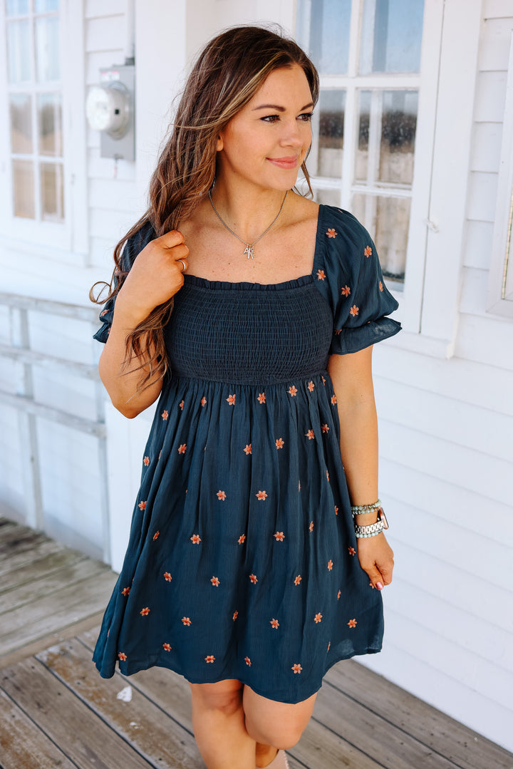 Daisy Embroidered Smock Midi Dress - Midnight Blue