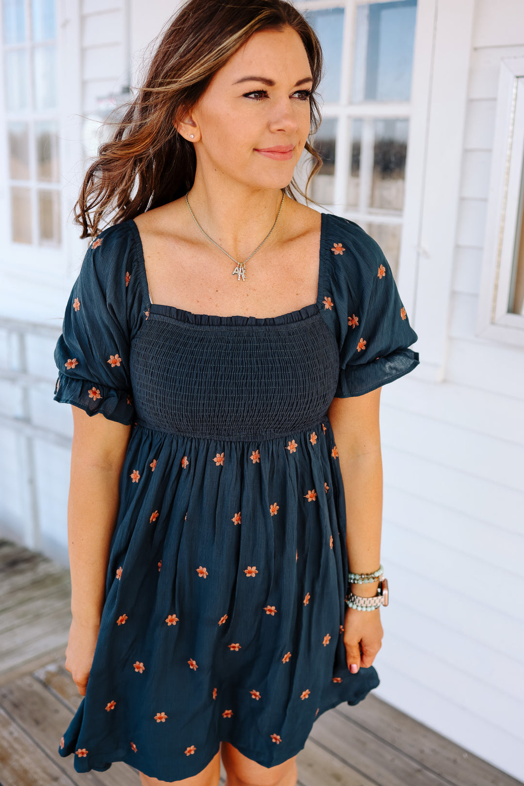 Daisy Embroidered Smock Midi Dress - Midnight Blue