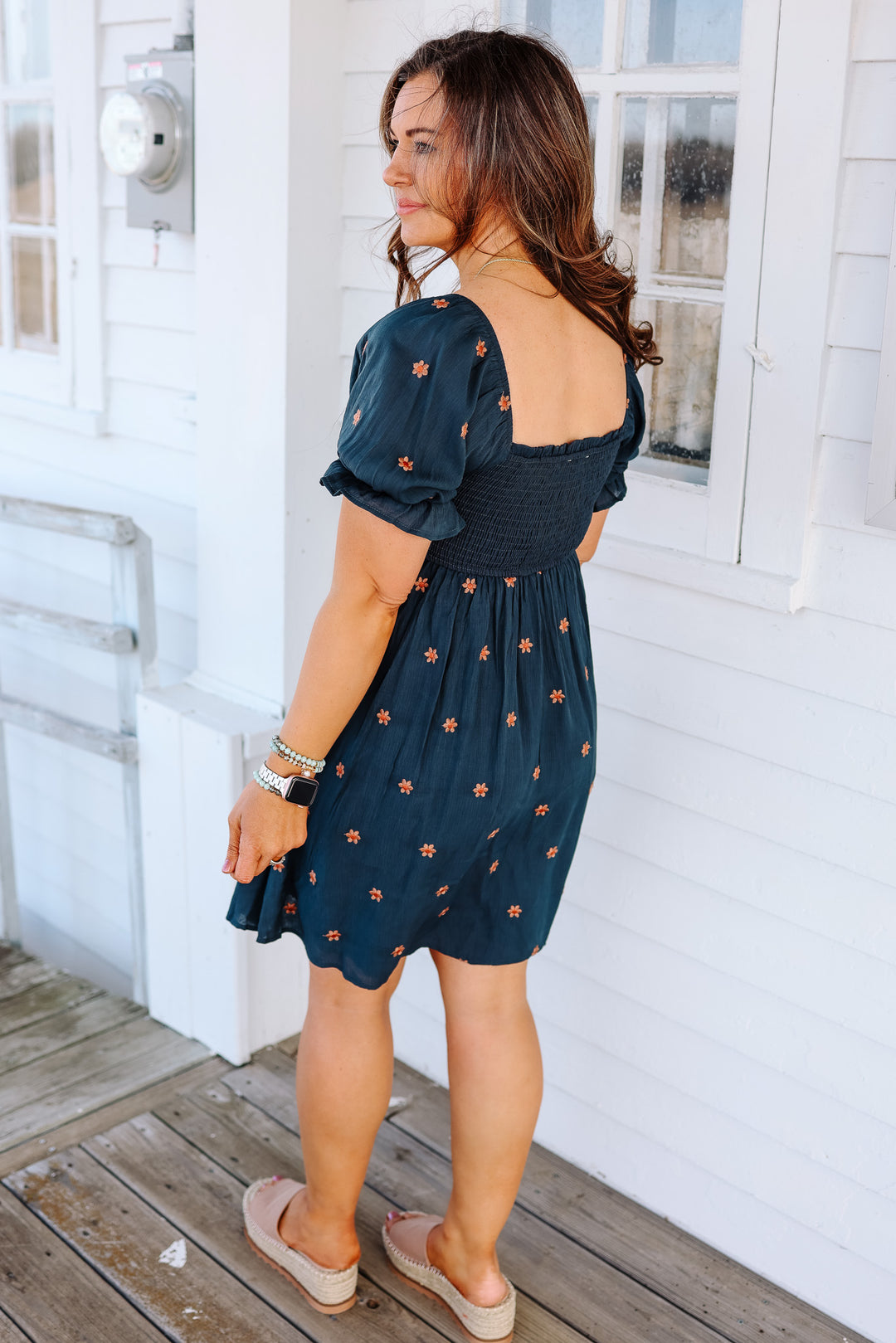 Daisy Embroidered Smock Midi Dress - Midnight Blue