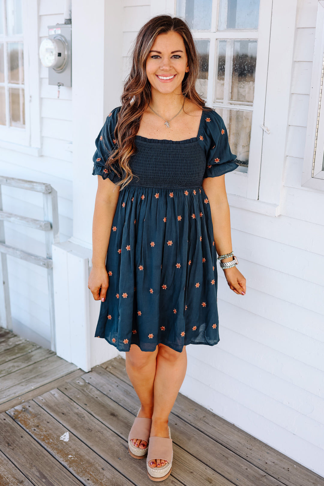 Daisy Embroidered Smock Midi Dress - Midnight Blue