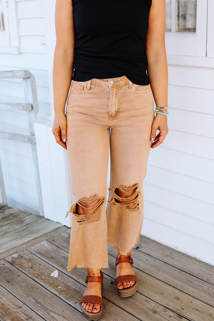 Stevie Vintage Crop Flare Jeans - Tan