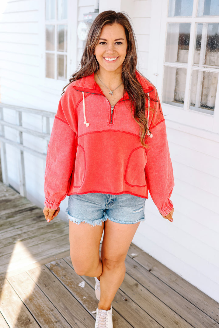 Mila Snow Wash Half Zip Pullover - Red