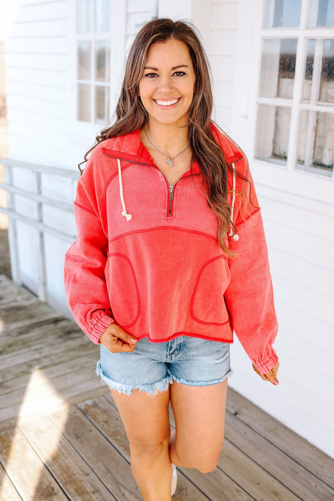 Mila Snow Wash Half Zip Pullover - Red