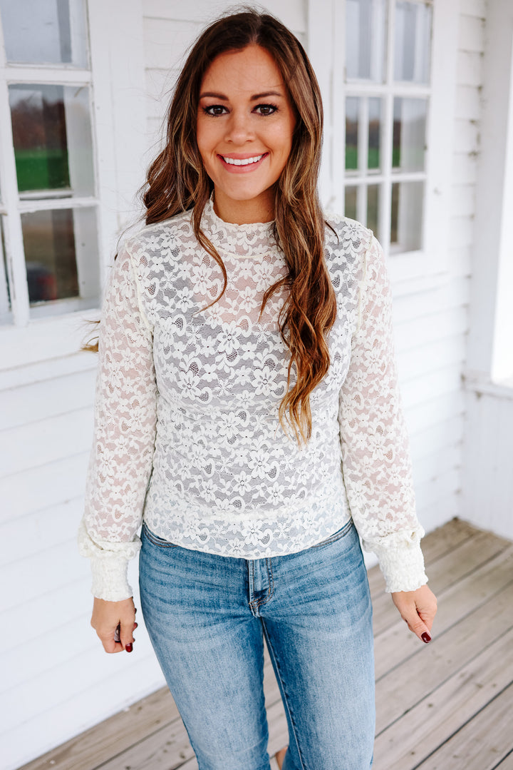 Rosa Lace Mock Neck Top - Ivory