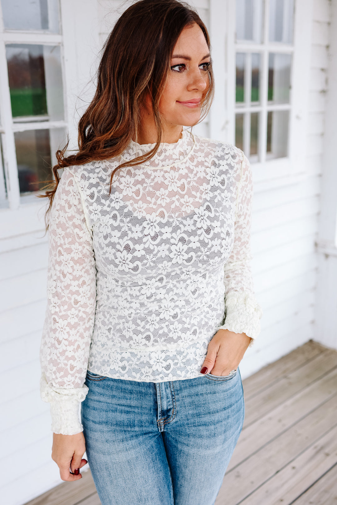 Rosa Lace Mock Neck Top - Ivory