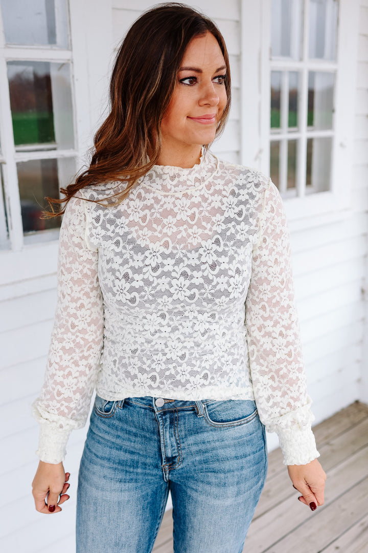 Rosa Lace Mock Neck Top - Ivory