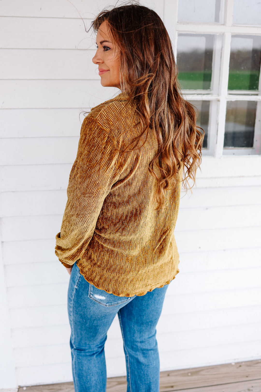 Vienna Crinkle Velvet Top - Dijon Mustard