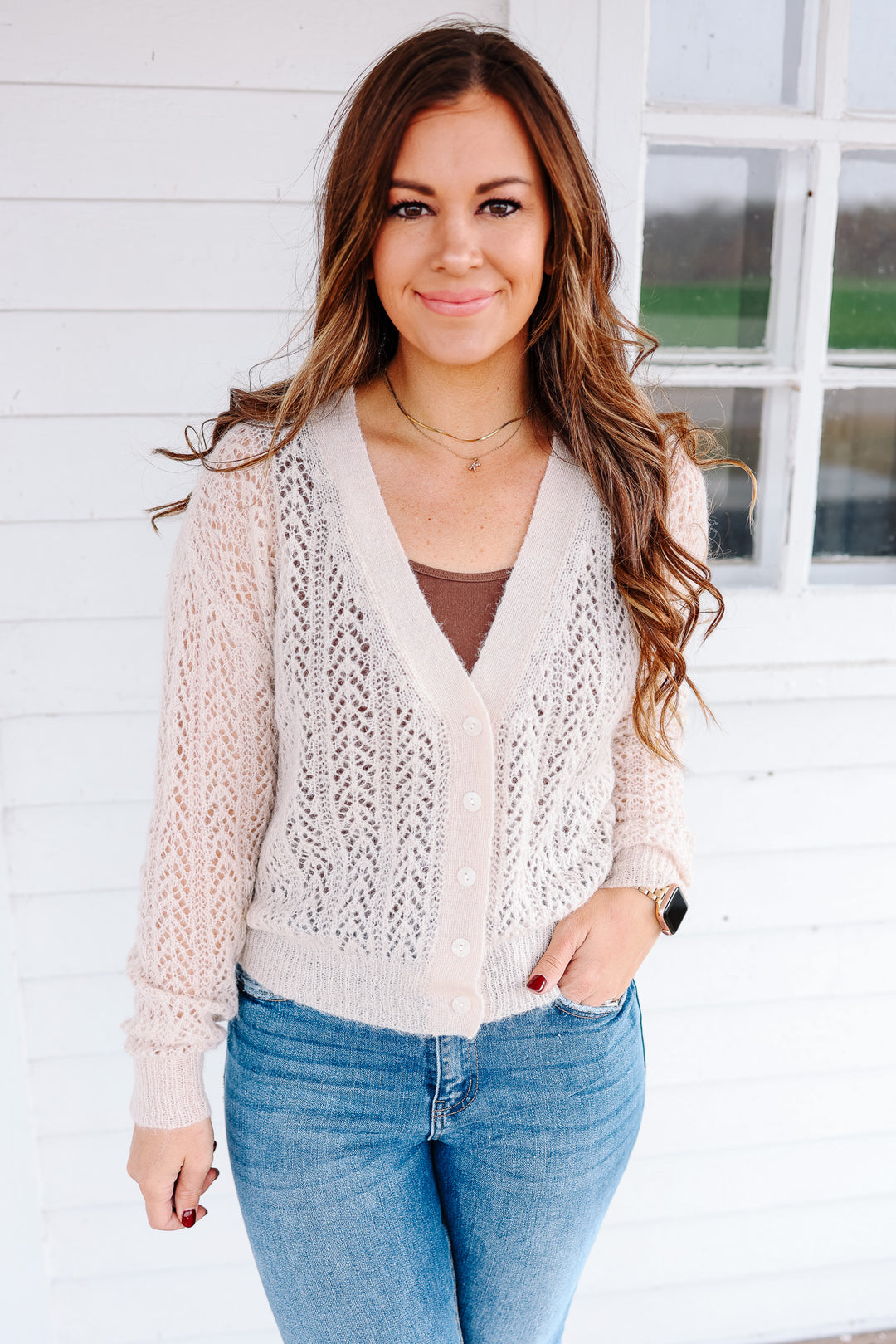 Roxy Pointelle Cardigan - Natural