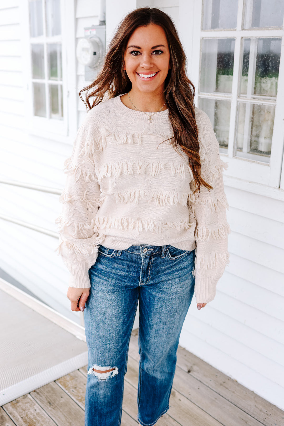 Maari Fringe Yarn Sweater - Ecru