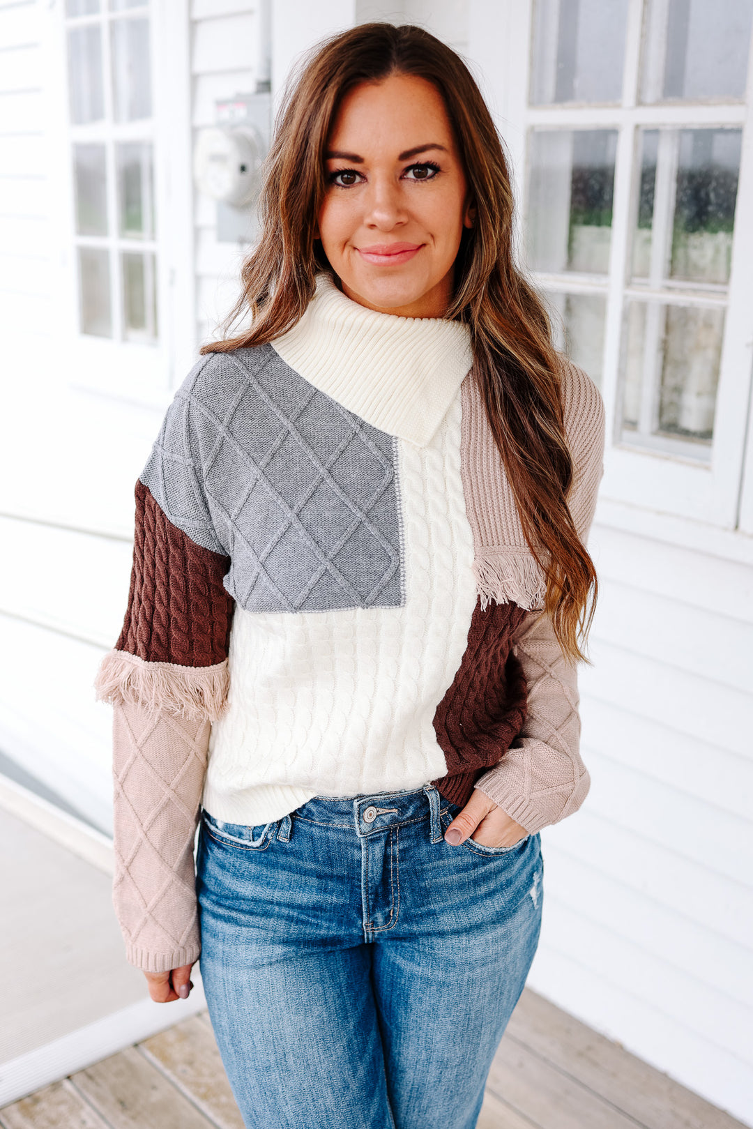 Brooke Patchwork High Neck Sweater - Brown/Grey