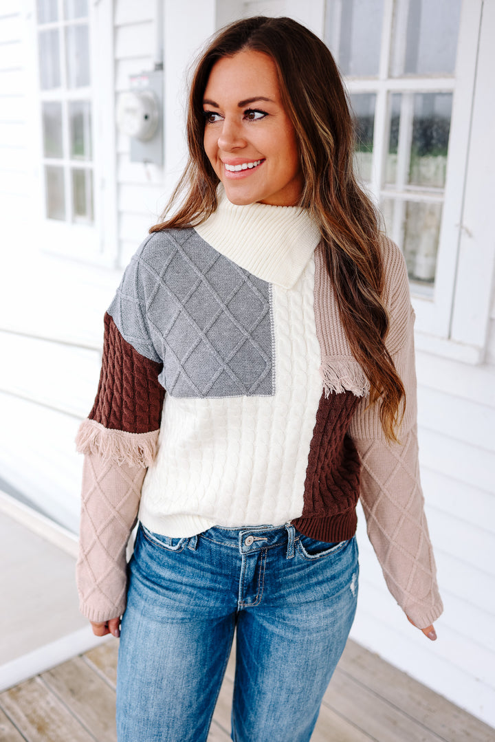 Brooke Patchwork High Neck Sweater - Brown/Grey