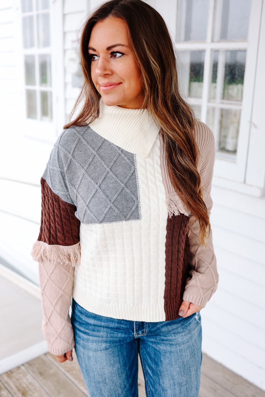 Brooke Patchwork High Neck Sweater - Brown/Grey