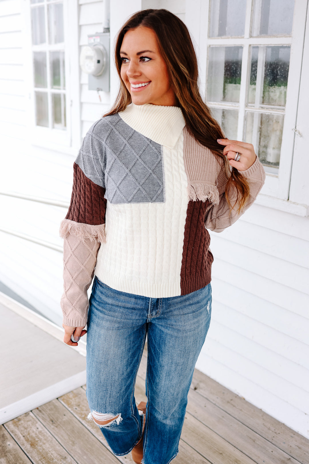 Brooke Patchwork High Neck Sweater - Brown/Grey