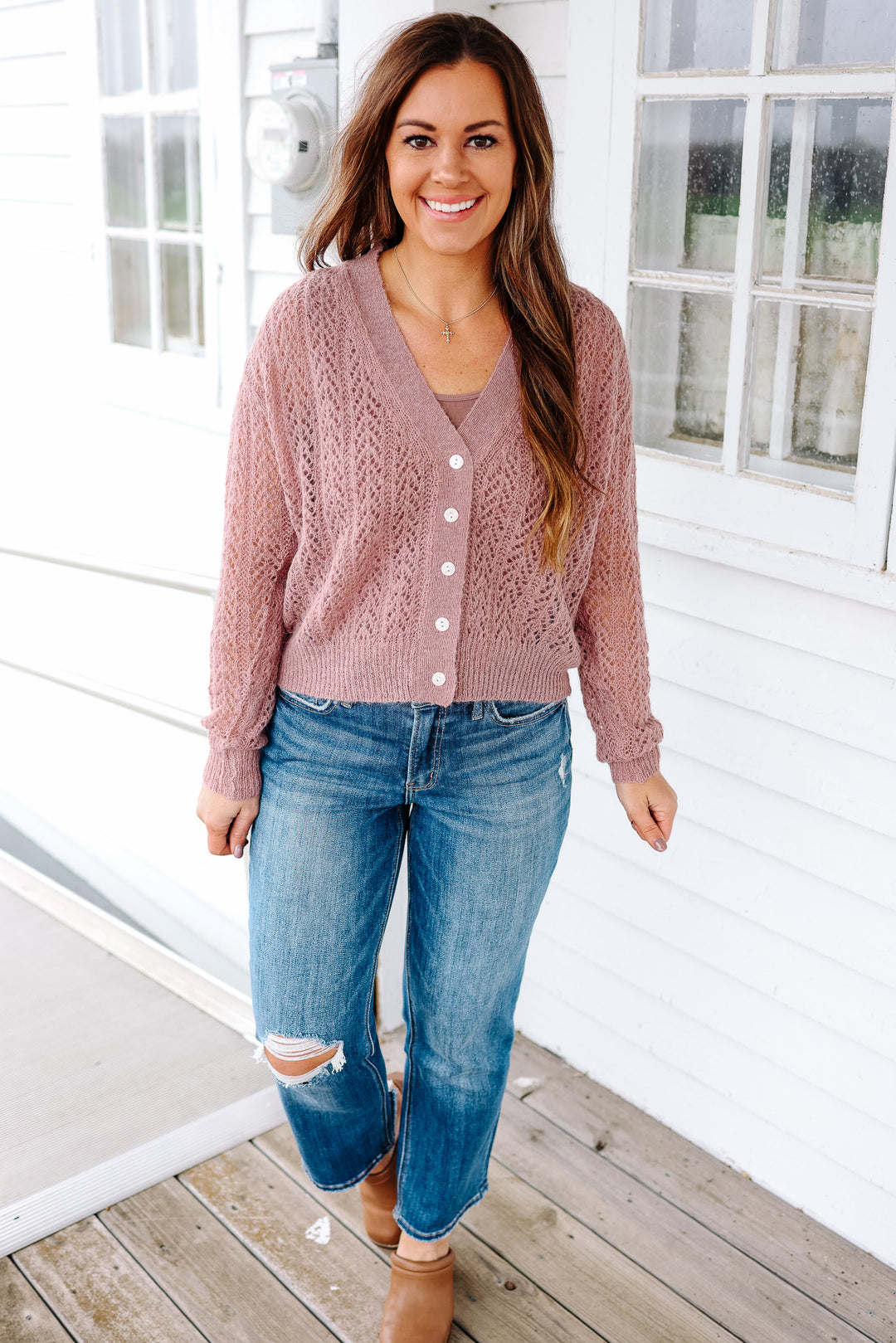 Roxy Pointelle Cardigan - Dusty Pink