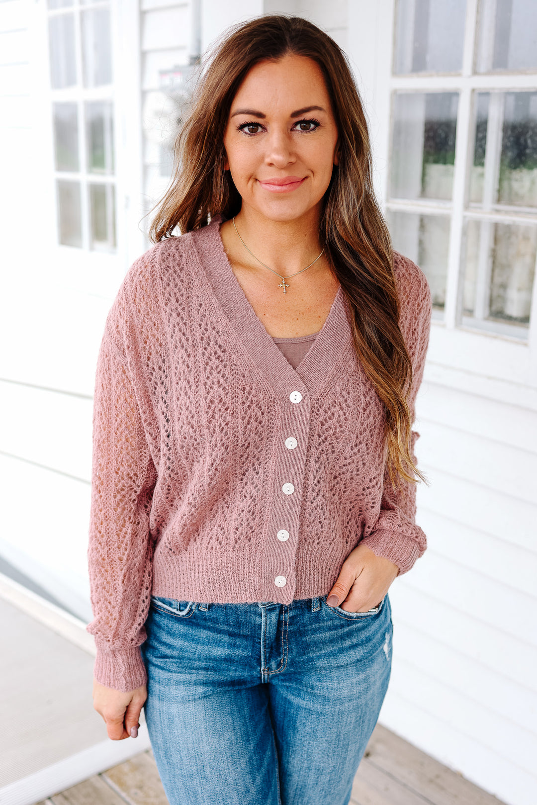 Roxy Pointelle Cardigan - Dusty Pink